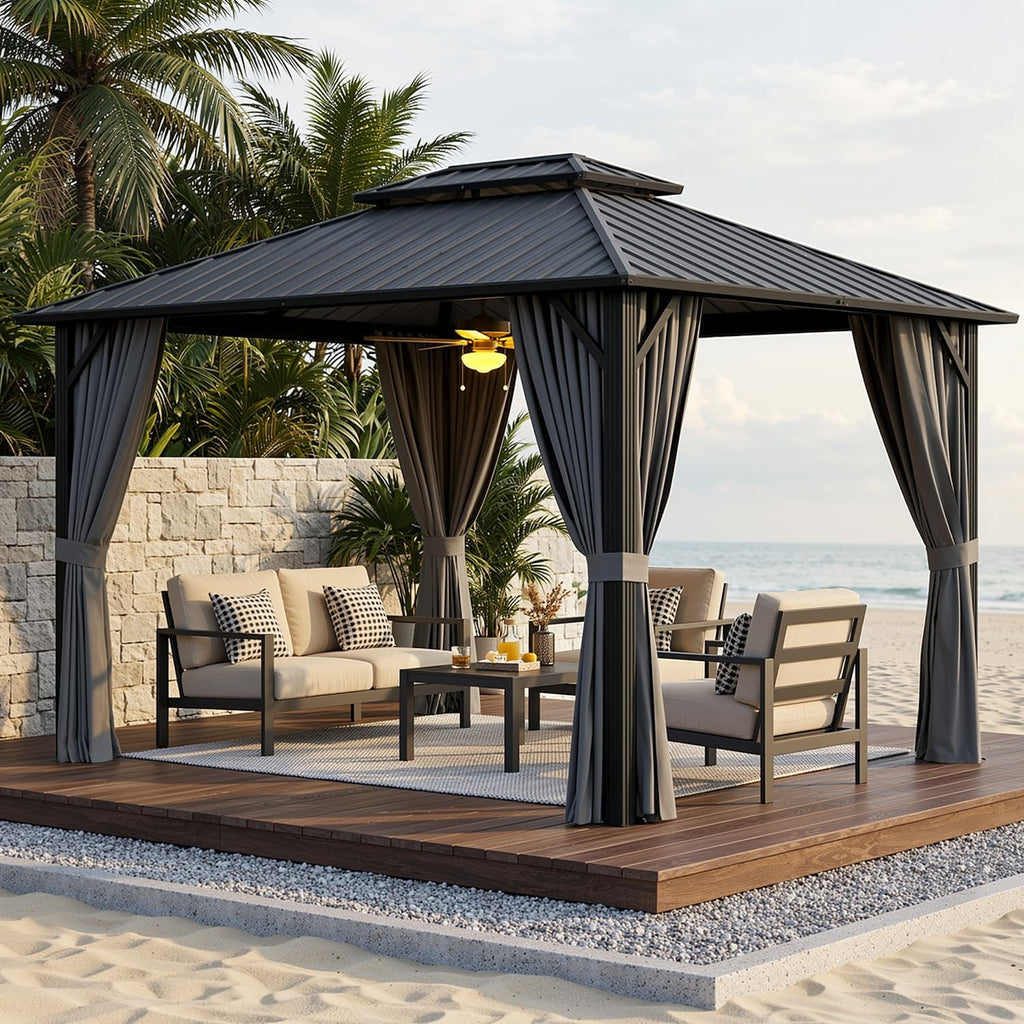 10'x12' Hardtop Gazebo, Aluminum Frame Metal Canopy with Double Roof