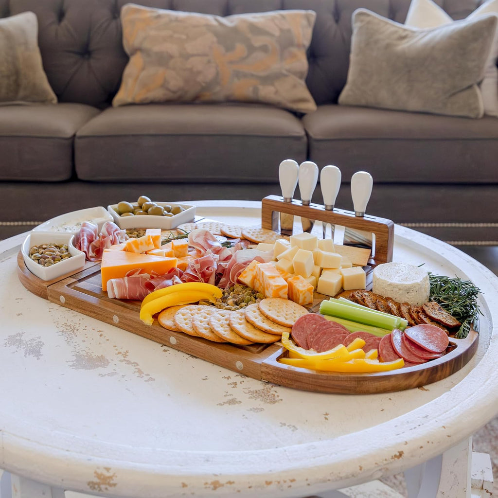 Large Charcuterie Board Set, Acacia Wood, Oil Finish | Magnetic 3-Piece Acacia Wood Design, Reshapes Circle Square