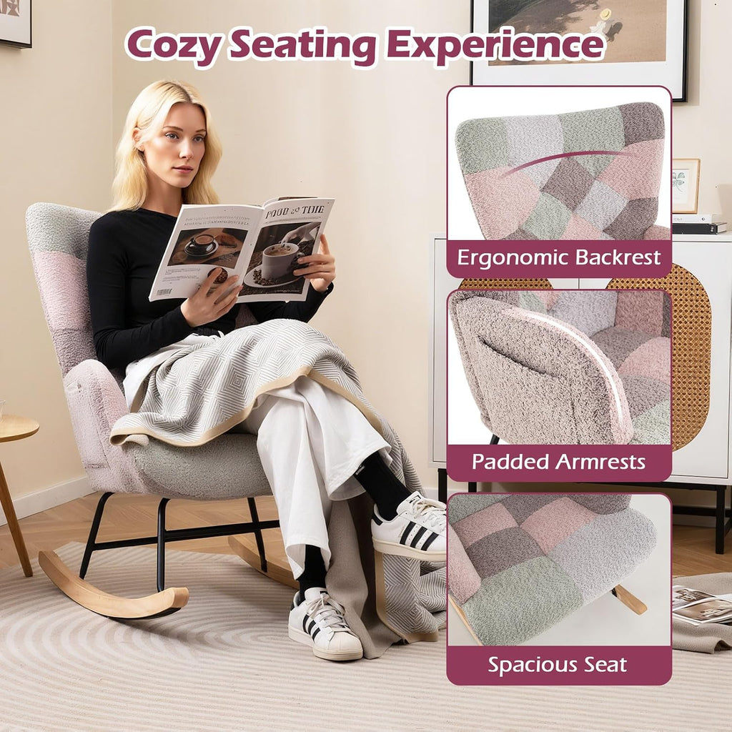 Rocking Chair Nursery, Boucle Upholstered Glider Rocker w/Ergonomic High Backrest, Rubber Wood Legs & Side Pocket