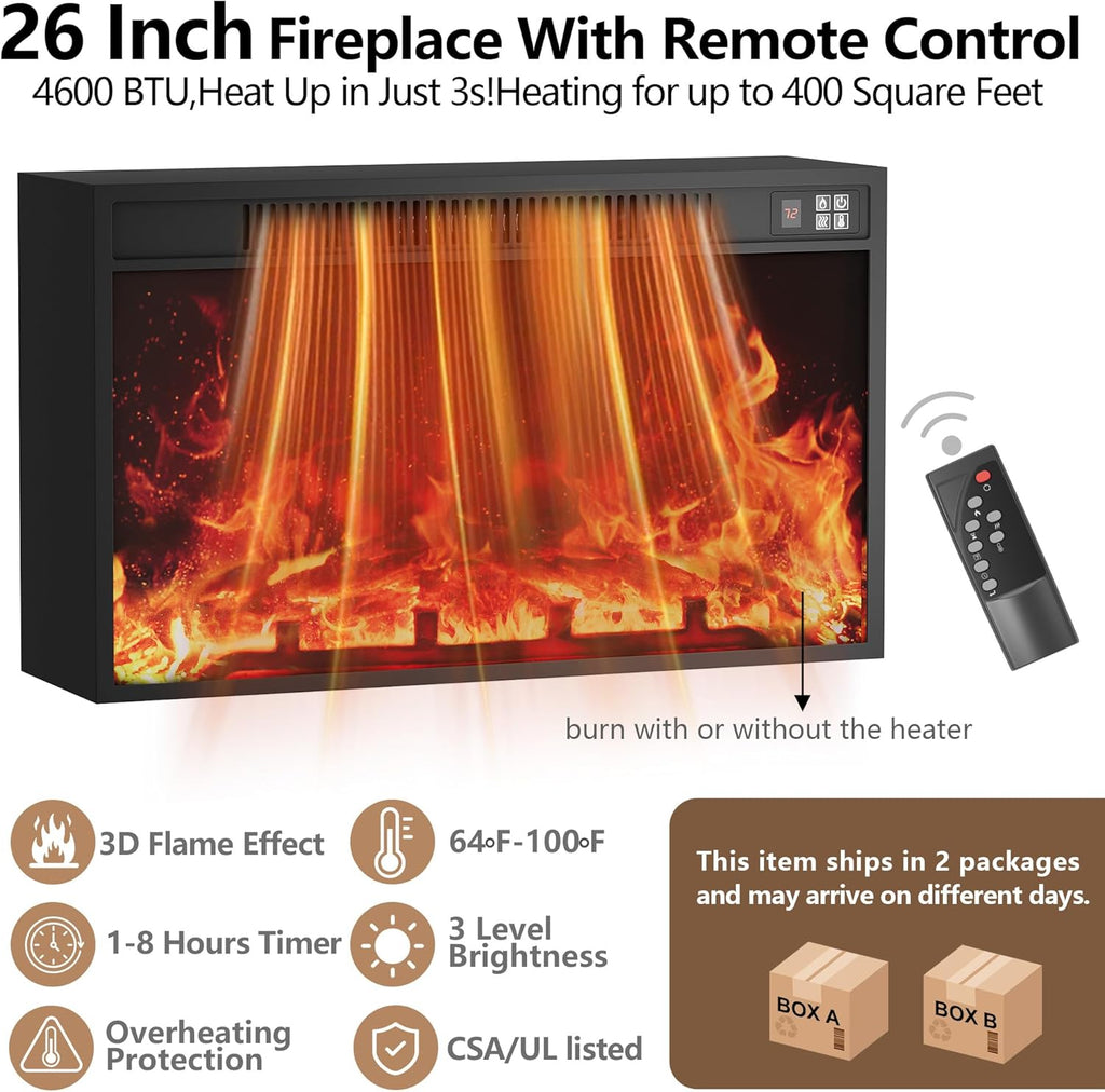 Fireplace TV Stand for 65+ Inch TV with 26'' Fireplace Entertainment Center with Storage Cabinet and Adjustable