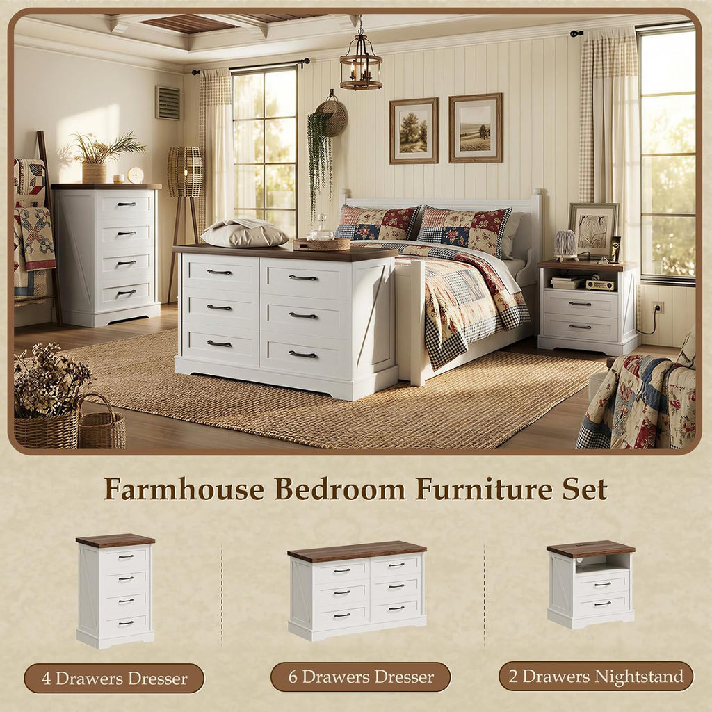 24 Inch Farmhouse Nightstand with Charging Station, Wood Bedside Table with 2 Drawers and Open Shelf, Rustic End