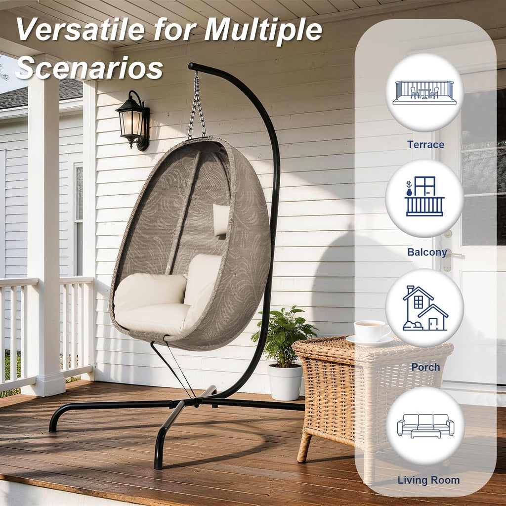 Foldable Egg Chair with Stand, 485LBS Capacity Textilene Hammock Swing Chair for Outdoor & Indoor, Patio Hanging