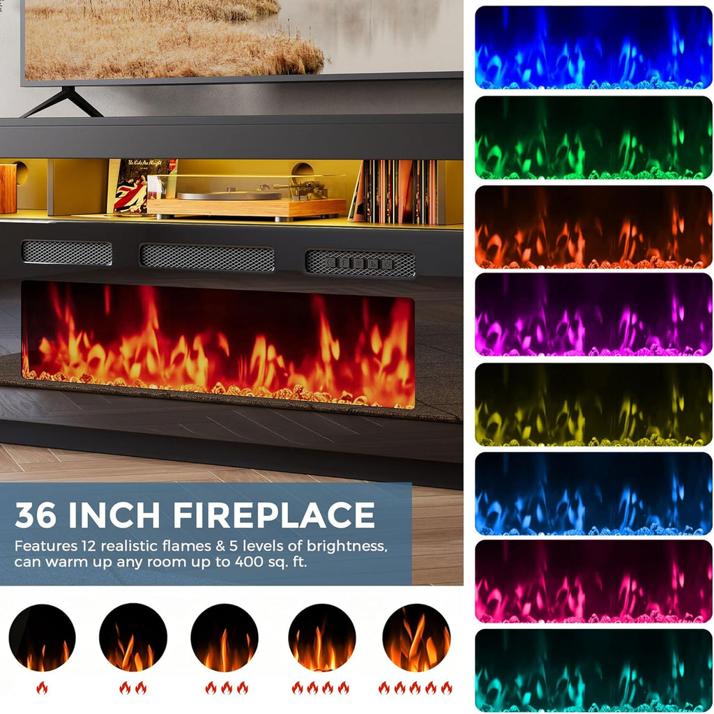 70" Floating Fireplace TV Stand with 36" Crystal Electric Fireplace, LED Entertainment Center for TVs up to 80"