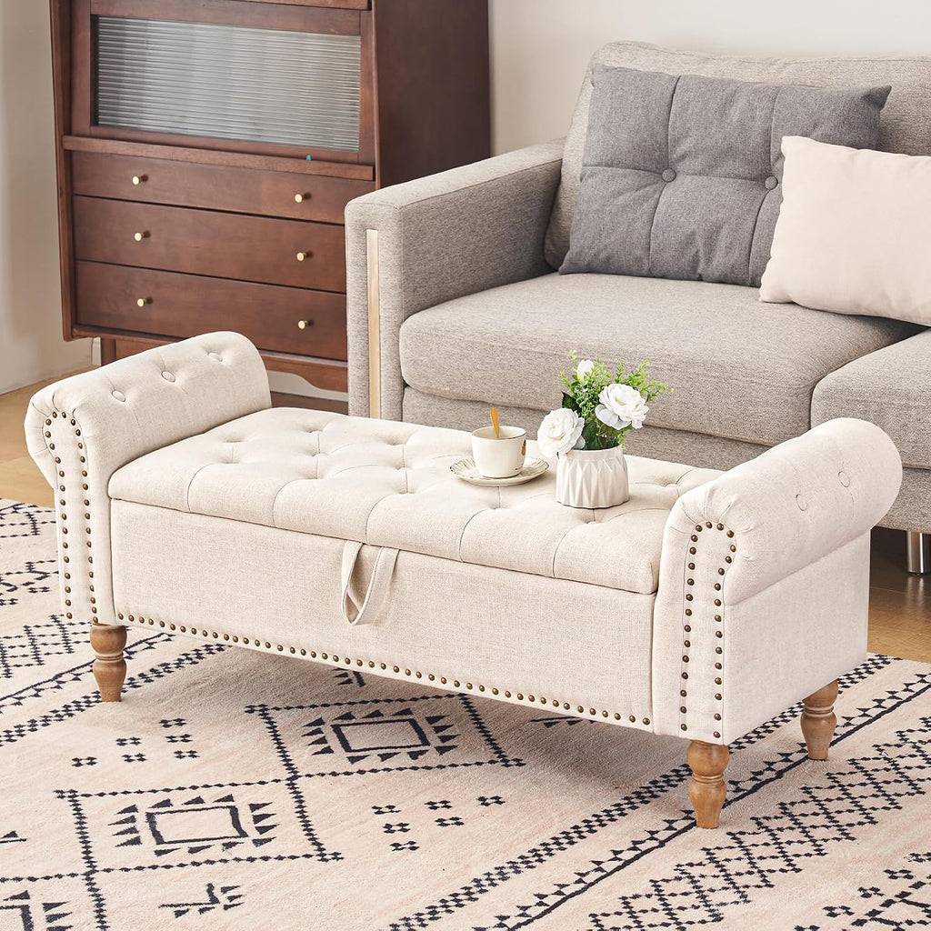 51" Storage Benches, End of Bed Bench with Button-Tufted Large Upholstered Storage Ottoman Linen Window Bench with