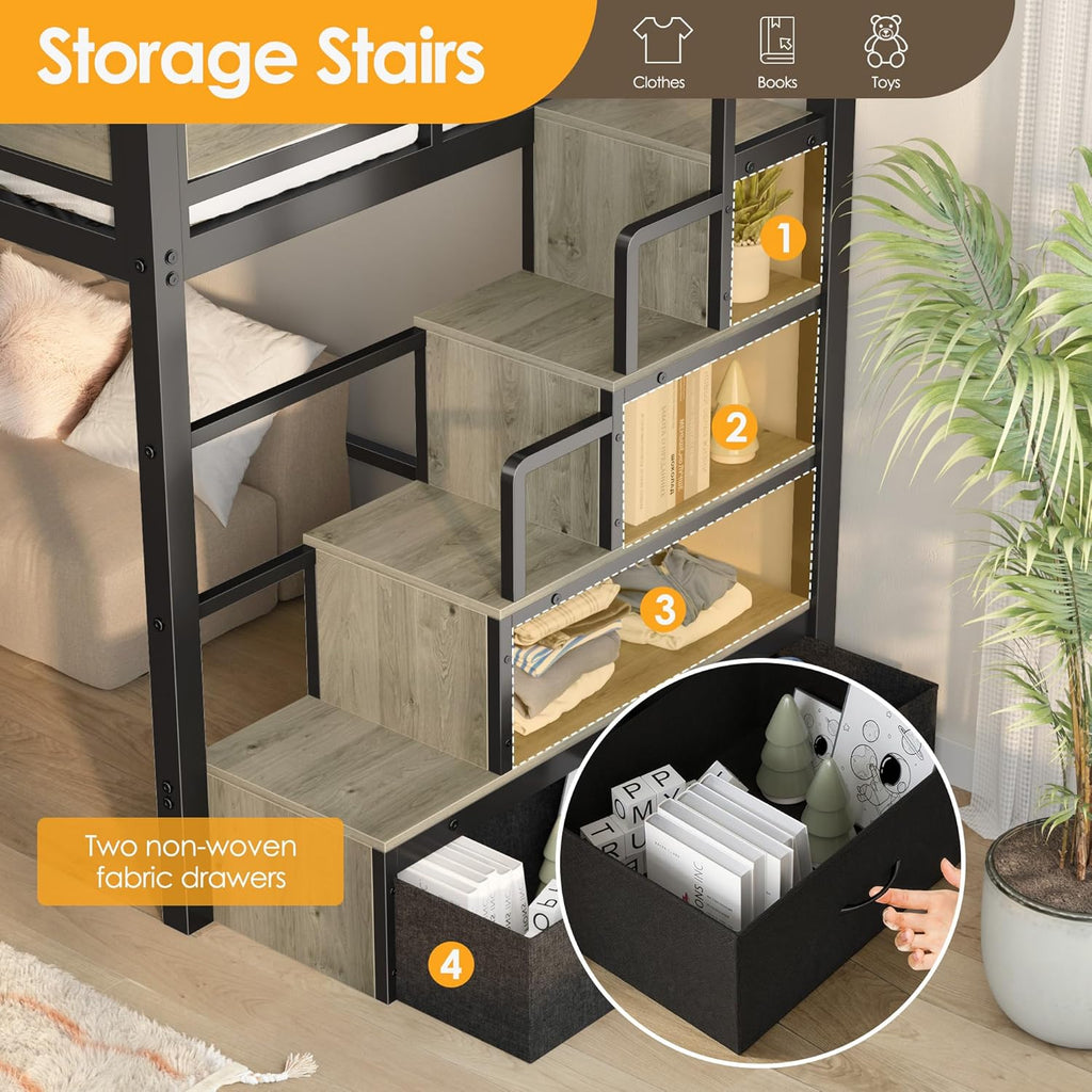 Loft Bed Twin with Stairs, 53.5” Under-Space for Sofa and Desk, More Stable and Safe Industrial Metal Frame for Teens