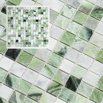 6 Sheets Emerald Green and Carrara White Marble Square Mosaic backsplash Tiles, Polished Shower Room Floor and Wall