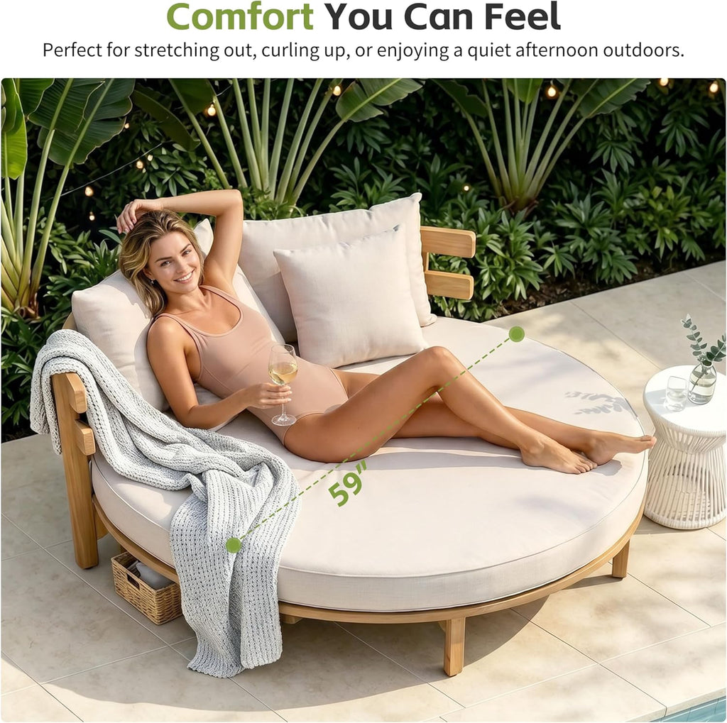 Outdoor Acacia Wood Round Daybed with Curved Slatted Backrest, Cushion and 4 Pillows, All Weather Patio Double