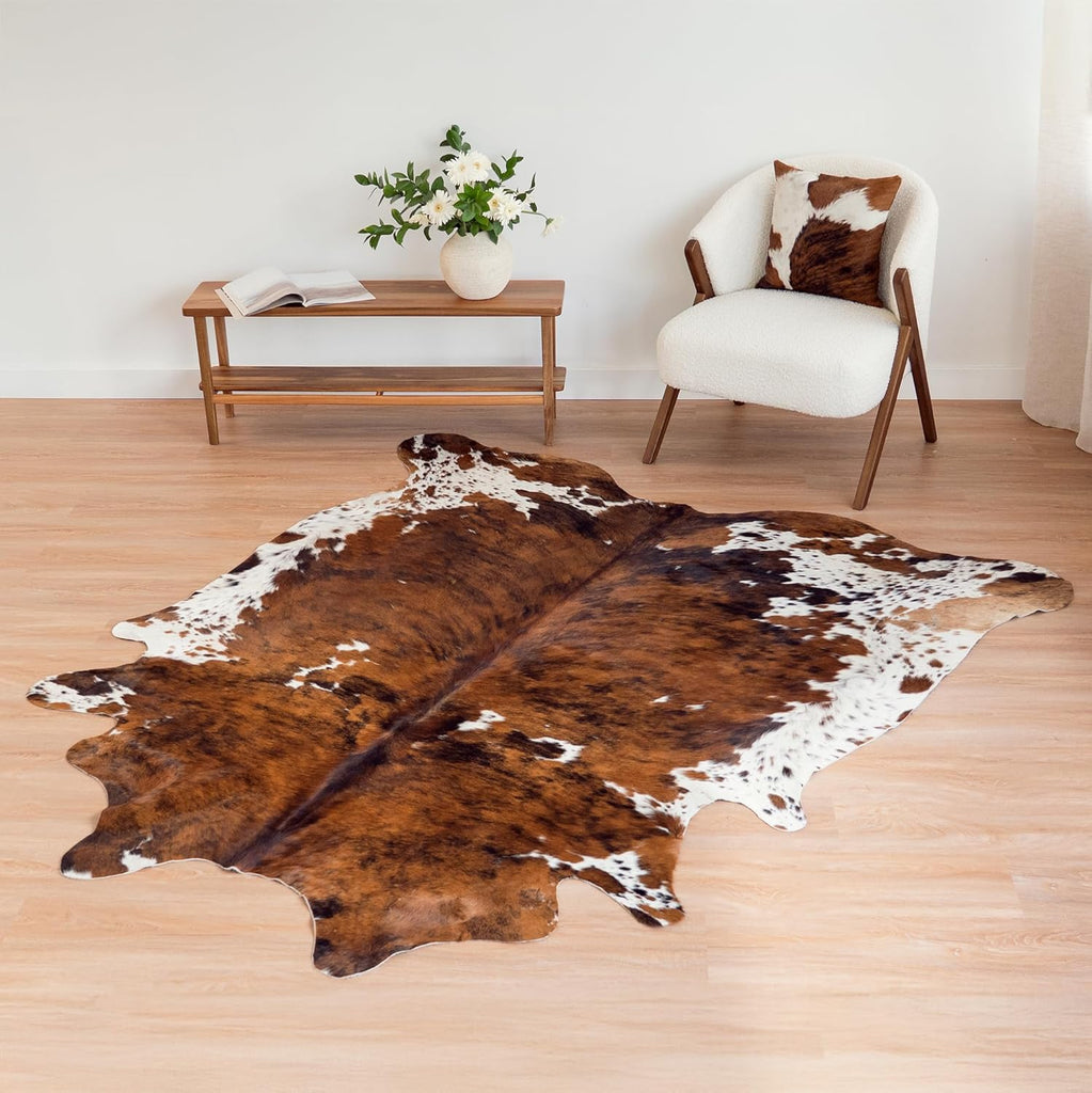 100% Genuine Brazilian Cowhide Rug - Tricolor Brindle Mix - Luxury Cowskin Leather Area Rug Décor 7 x 6 feet