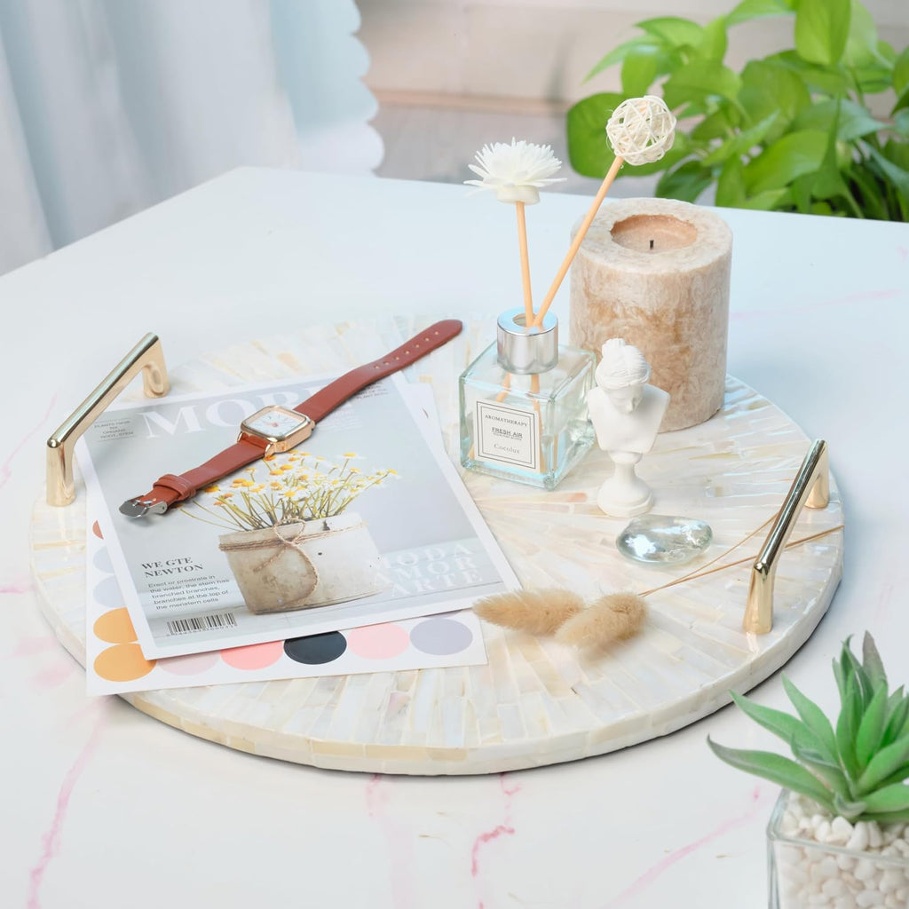 Mother of Pearl Decorative Tray, 13"" Round with Gold Metal Handles, Vanity/Perfume/Trinket Tray, Catchall for