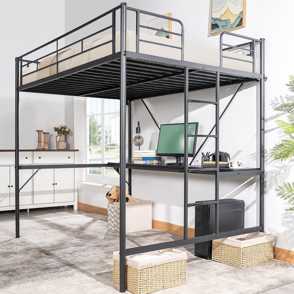 Full Metal Loft Bunk Bed Frame for Kids Teens Adults with Desk Underneath,2 Charging Station,LED Lights,Safety