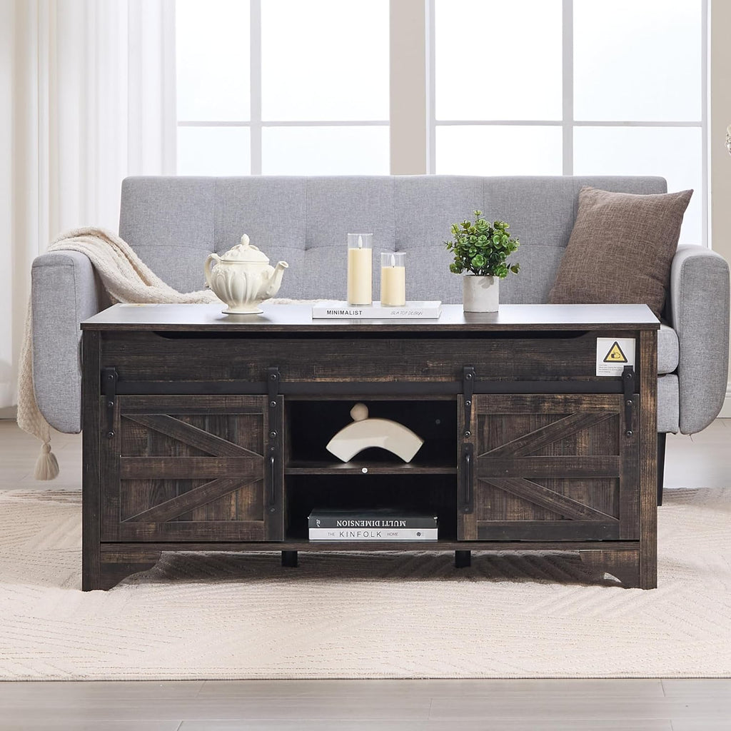 Lift Top Coffee Table with Sliding Barn Door 48" W Rustic Storage Coffee Tables