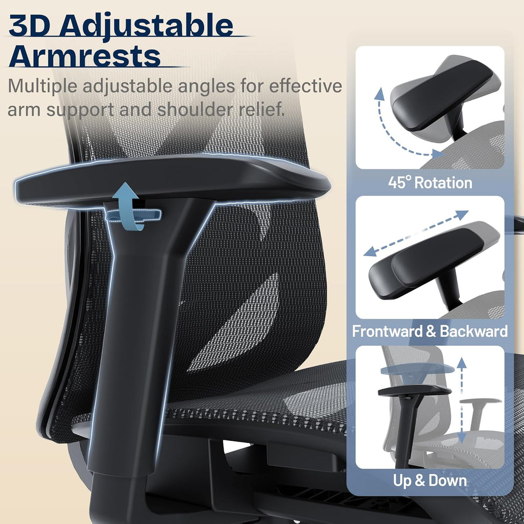 Ergonomic, Mesh Computer Desk Chairs with Adjustable Lumbar Support, 3D Armrests, Tilt Function, Comfy Wide Seat