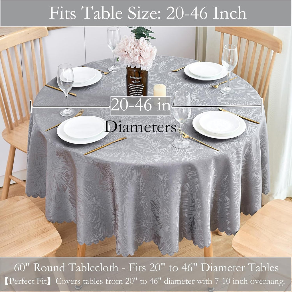 Jacquard Round Tablecloth 60 Inch Grey Table cloth Leaves Pattern Scalloped Edge Silky Soft Waterproof Wrinkle