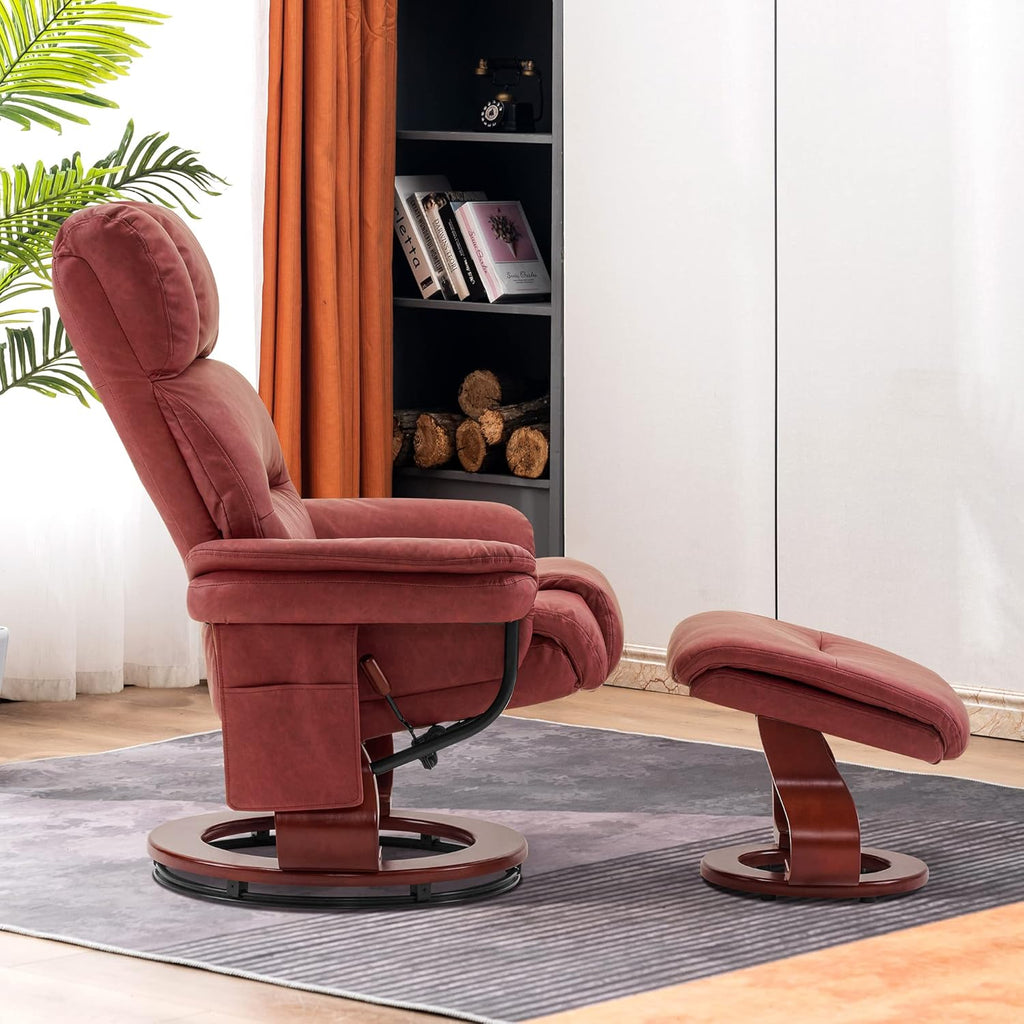 Modern Reclining Swivel Lounge Chair and Ottoman — Burgundy Faux Leather