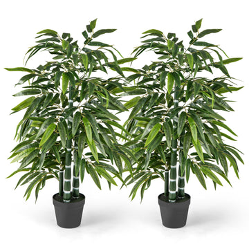 Artificial Bamboo Tree, 50" Tall Set of 2 Fake Plant with 3 PE Bamboo Trunk & Flush Leaves, Potted Faux Greenery
