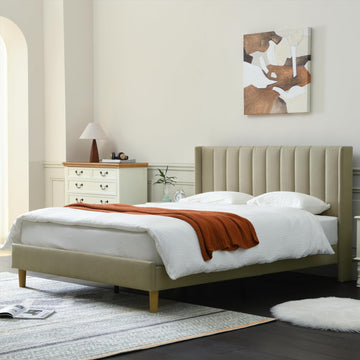 upholstered Platform Bed Frame/Queen Bed Frame/Modern Geometric Double-Wing Design headboard/Linen Fabric/Easy to Assemble no Noise (Beige, Queen (U.S. Standard))