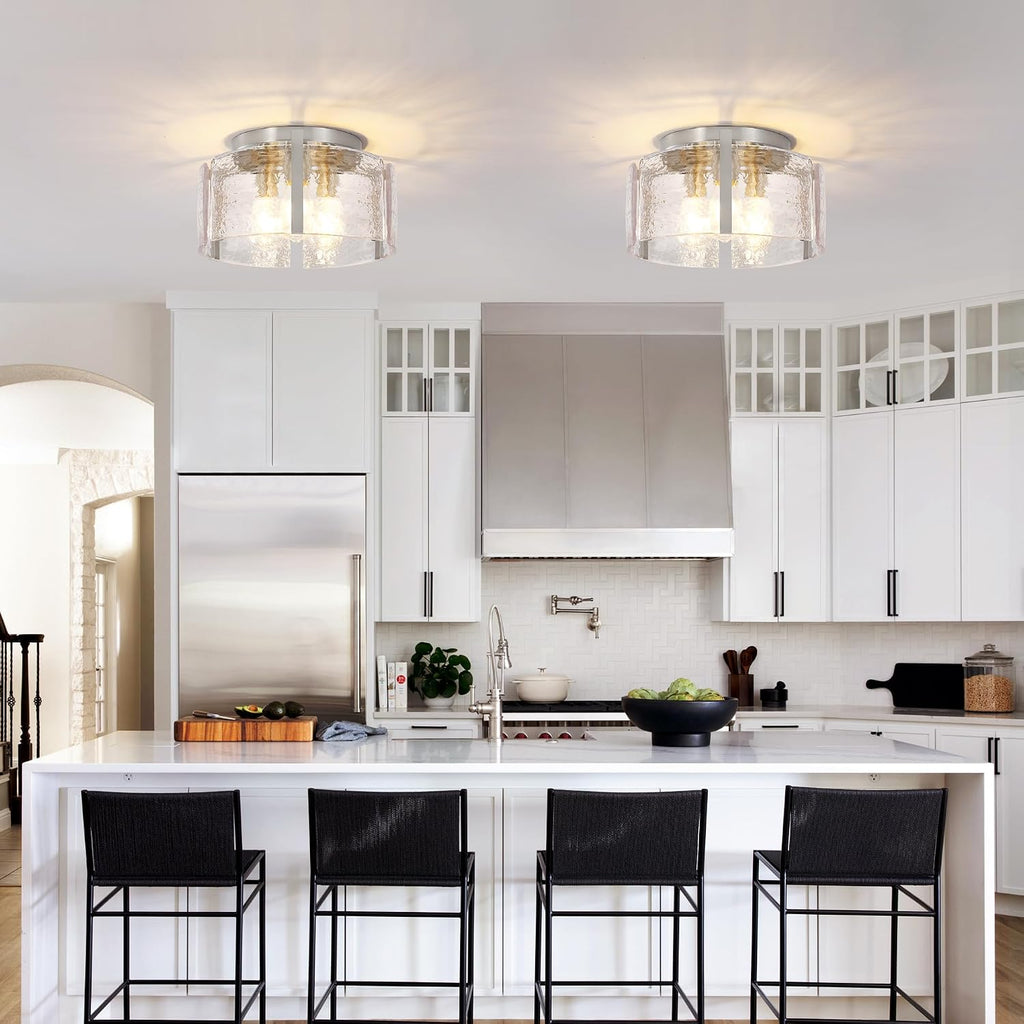 14" Modern Semi Flush Mount Ceiling Light, Brushed Nickel 3-Light Fixture with Glass Drum, Dimmable Hallway Lighting