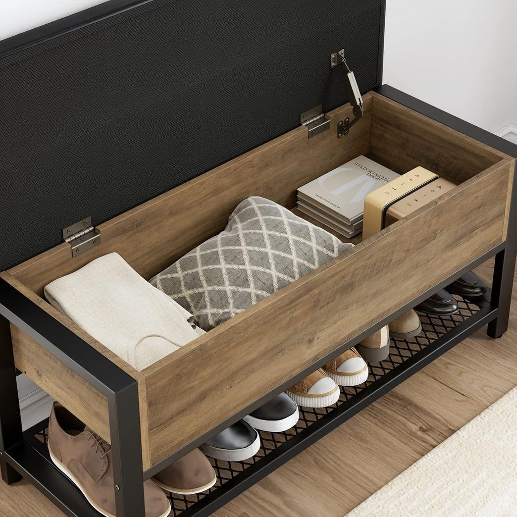 40" W Storage Bench, Entryway Shoe Bench with Cushion, Rustic Brown | Wood Metal Bench with Flip-Open Hidden Storage