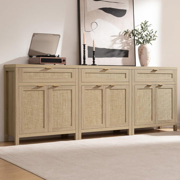 Sideboard Buffet Storage Cabinet Set of 3, Rattan Credenza Buffet