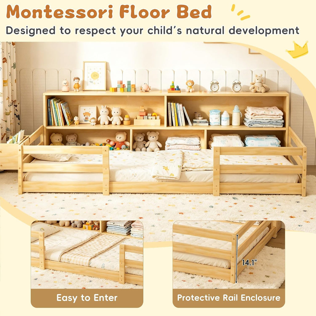Twin Floor Bed for Kids, Wooden Montessori Bed Frame with Bookcase, Bedside Storage Shelves & Guardrails, Versatile