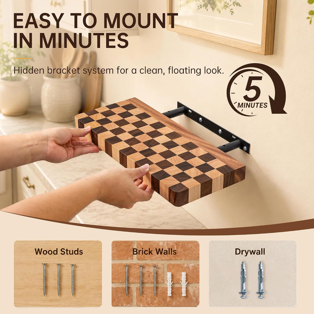Floating Shelves for Wall, Solid Checkered Wood Wall Shelves 16 Inch | Heavy-Duty, Invisible Bracket, Solid Wood