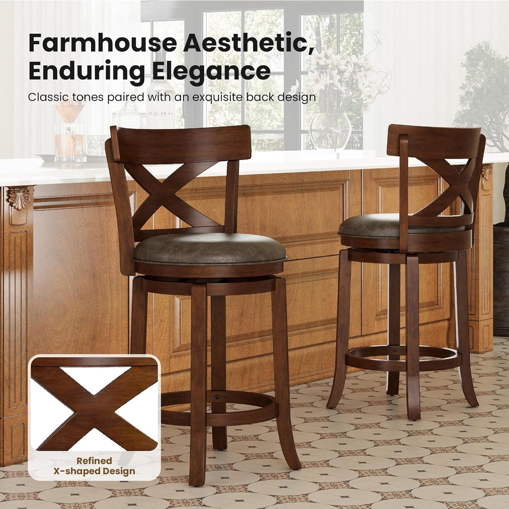 26 inch Counter Height Bar Stools Set of 4, Swivel Bar Stools with Back, Wooden Bar Chairs Faux Leather