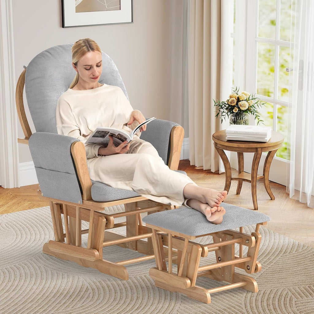 Nursery Glider with Ottoman, Upholstered Comfort Glider Rocker with Padded Cushion, Storage Pocket, Solid Wood Base