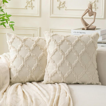 Set of 2 Soft Moroccan Throw Pillow Covers 18x18 Inch Plush Boho Decorative Pillow Cover Accent Cushion Case, Beige