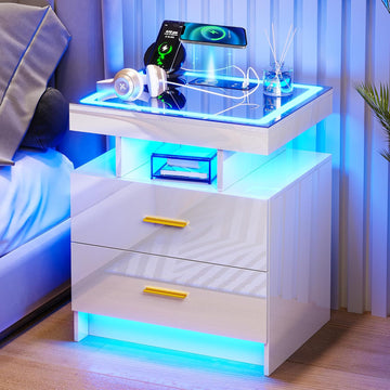 LED Nightstand with Charging Station (USB,Type-C Ports) High Gloss Bedside Table with 2 Drawers, Smart Night Stand
