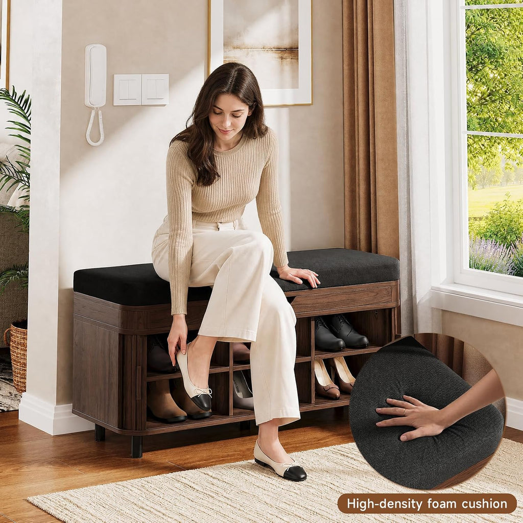 43.3" Shoe Storage Bench with Lift Top Storage, Entryway Bench with Storage&Cushion, Fluted Shoe Bench with Sliding
