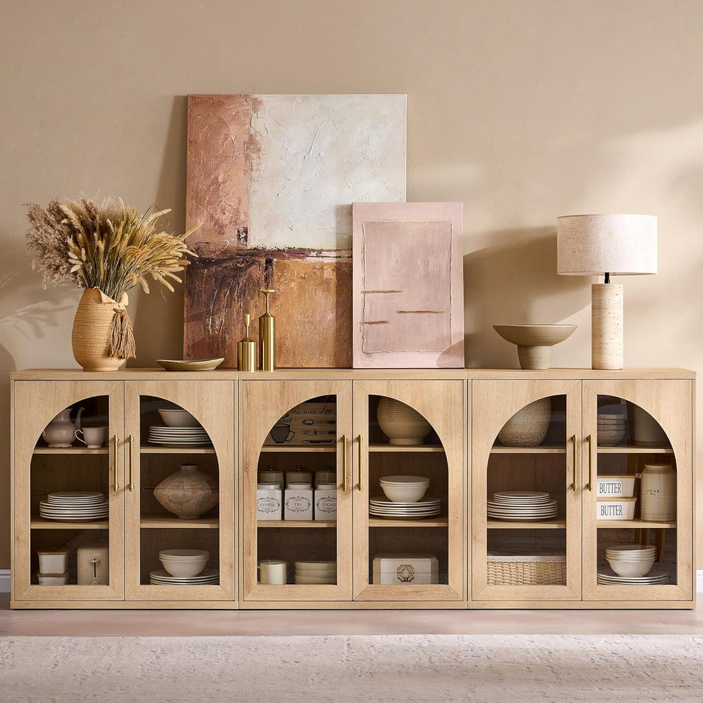 Glass Arched Door Sideboard Buffet Cabinet Set of 2, Accent Cabinet with Adjustable Shelf