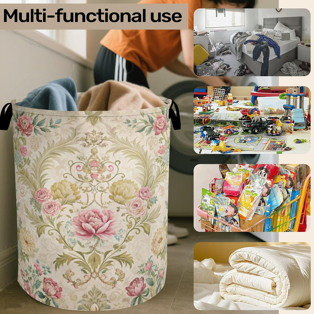 Shabby Chic Rose Laundry Basket with Handles - Extra Large Foldable Hamper /Laundry/Bedroom/Dorm, Washable Fabric