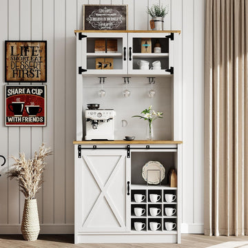 72" Farmhouse Coffee Bar Cabinet with Sliding Barn Door, White | Coffee Bar with Wine Rack, Ample Storage, Hooks and