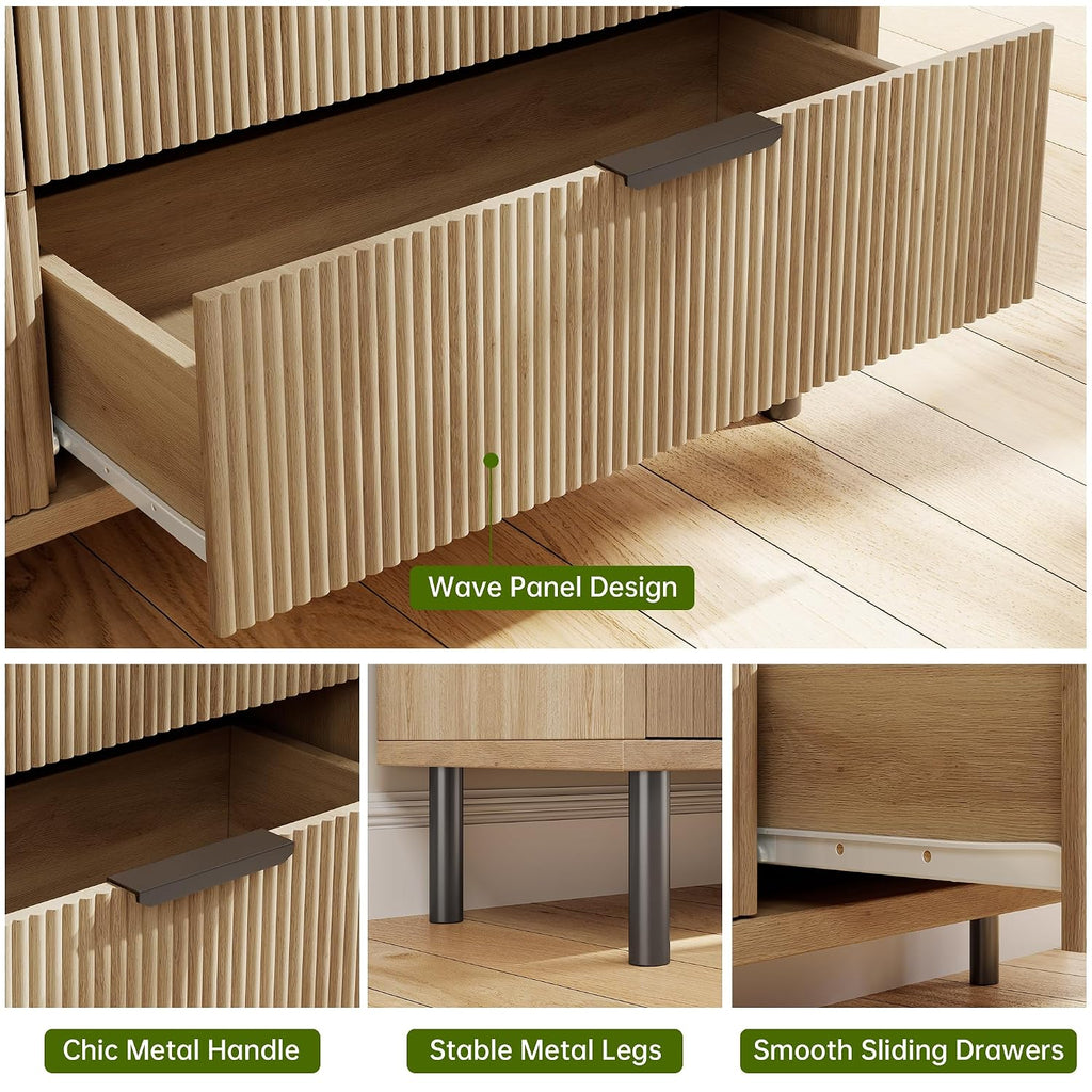 Oak Fluted 5 Drawer Dresser , Modern Wood Chest of Drawers with Wide Drawers, Closet Dresser Organizer with