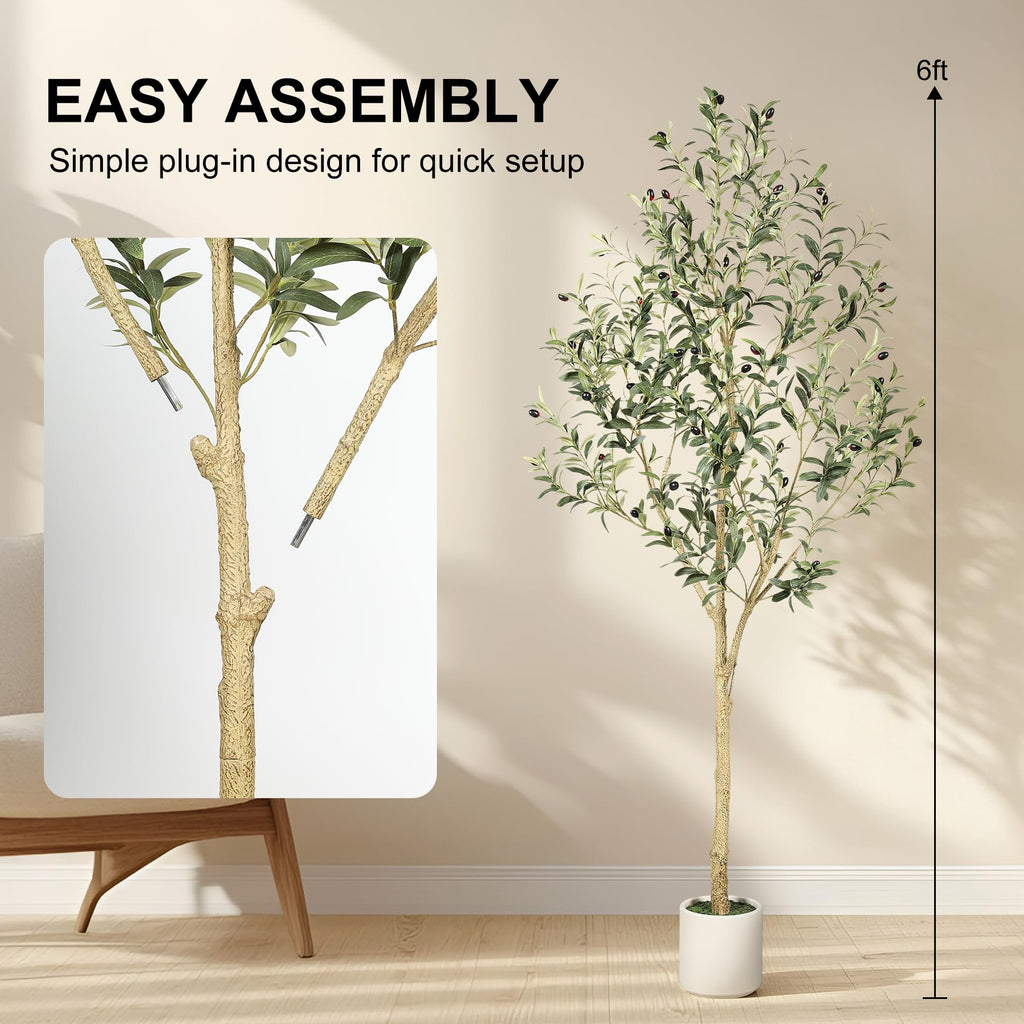 Faux Olive Tree 6ft with Sturdy White Planter, Artificial Olive Tree