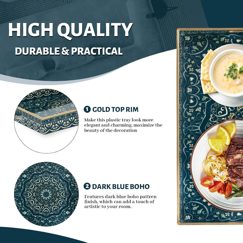 Serving Tray with Handles, Plastic Rectangular Tray for Coffee Table, Dark Blue Boho Decorative Trays for Ottoman