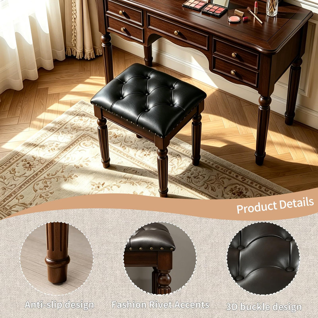 Black Faux Leather Vanity Stool, Backless, Victorian Style
