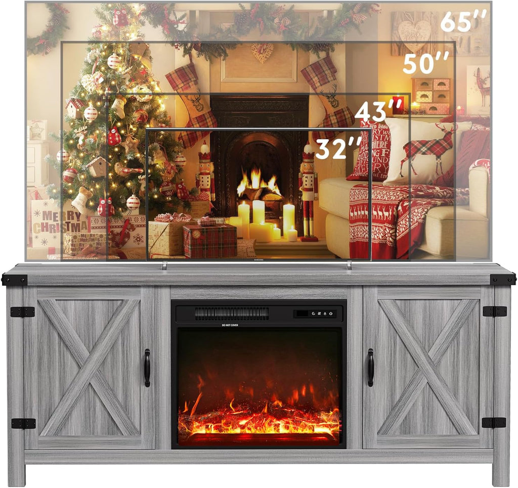 Fireplace TV Stand with Two Barn Doors and Storage Cabinets for Televisions up to 65+ Inch, Entertainment Center