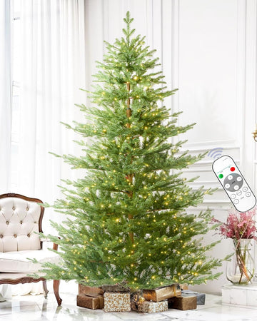 Pre-lit Christmas Tree Fir with Remote Control, 650 Warm White Multi-Color Lights, Hinged/Feel Real/Realistic