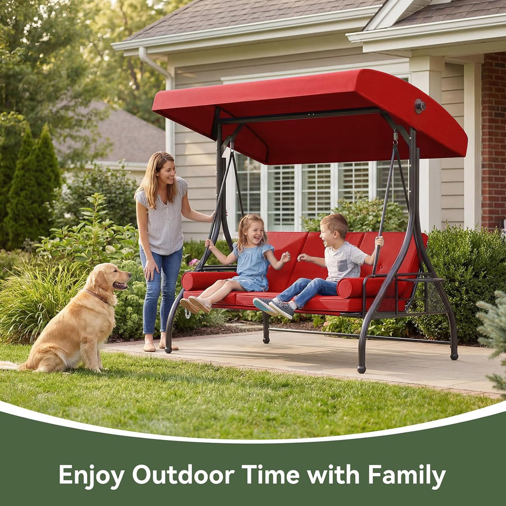 Outdoor Porch Swing with Stand and Canopy, 3 Seats Outdoor Swings for Adults, Convertible 2 in 1 Swing Bed with Cup