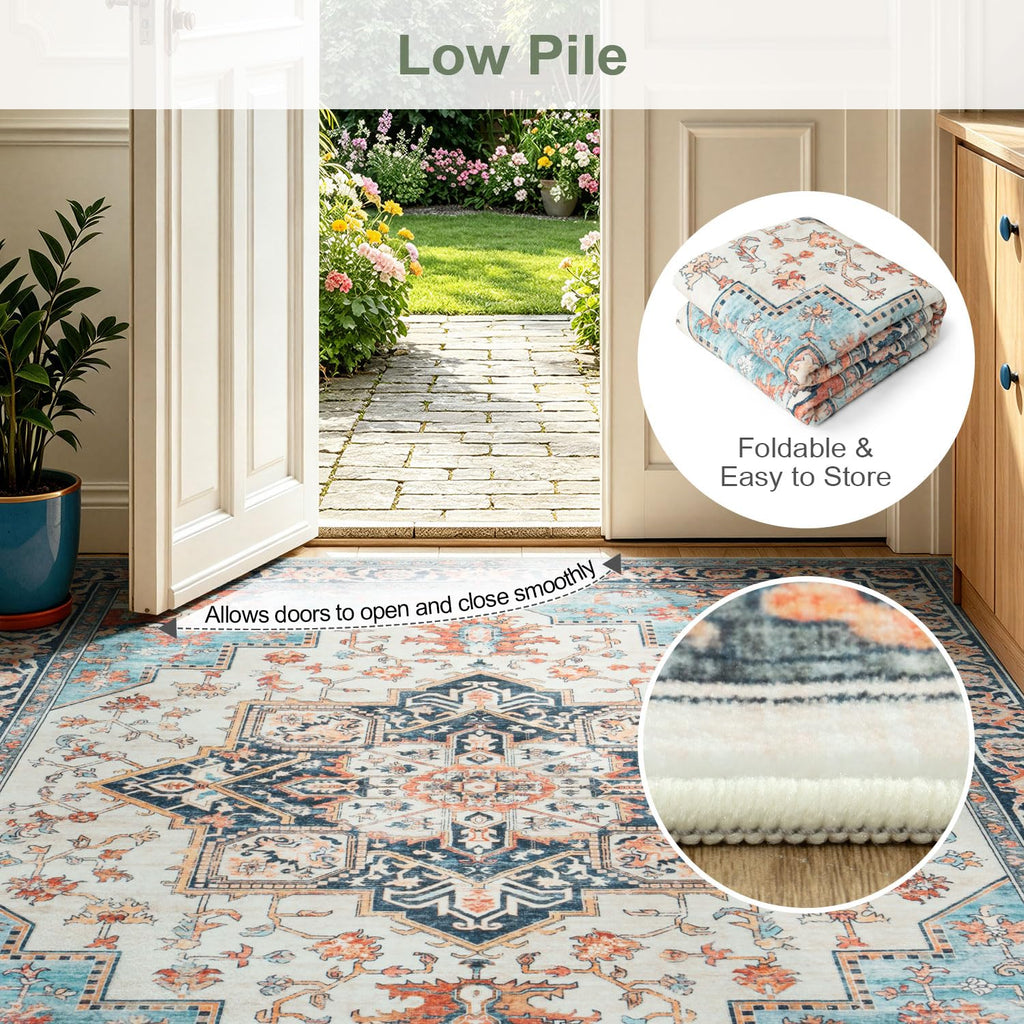 Washable Rugs 8x10, Blue and Orange Vintage Carpet