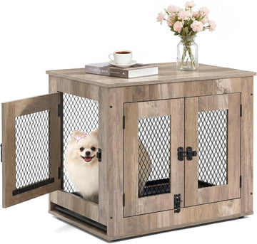 Wooden Dog Crate Furniture - Wire Mesh Door Decorative Dog Kennel End Table for Puppies, Cats, Rabbits