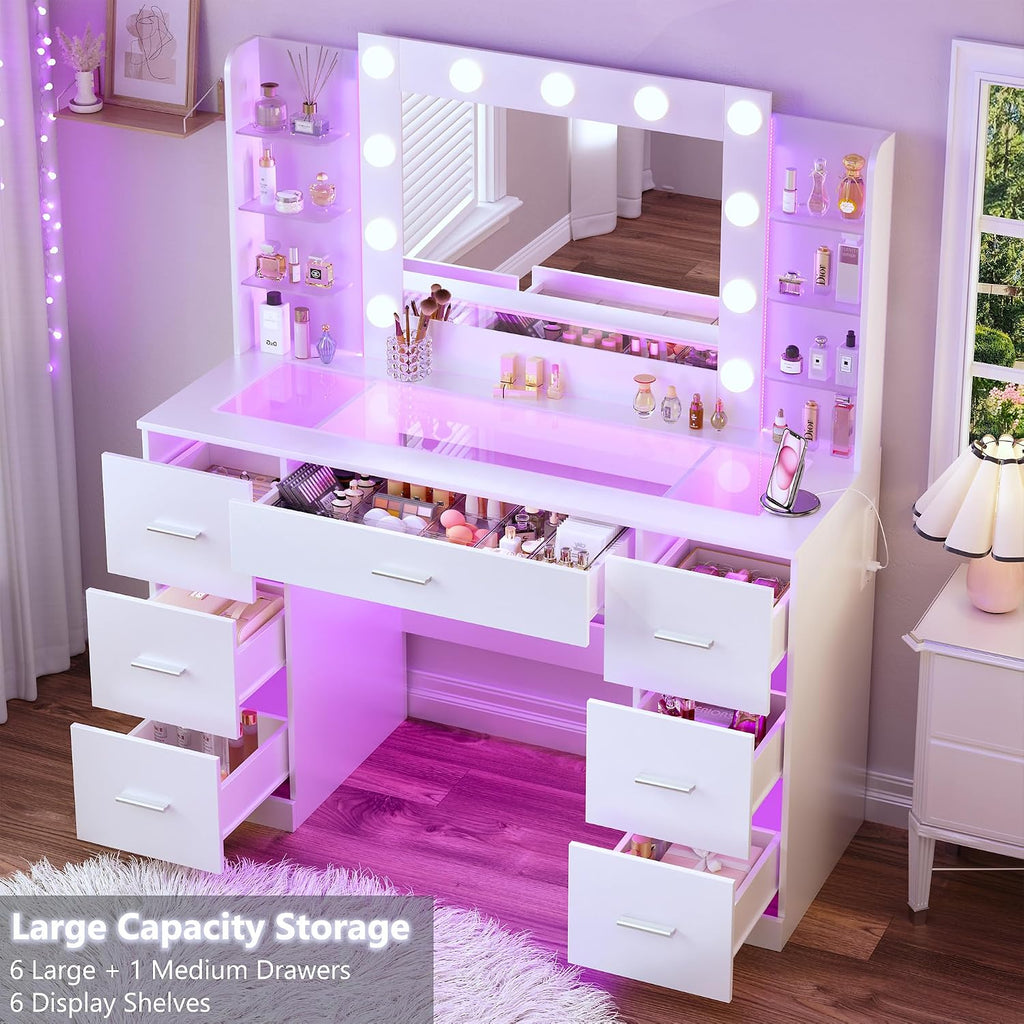 Vanity Desk with Mirror and Hollywood Lights, Makeup Vanity 6 Backlit Open Shelves with Frosted Panel & RGB Light