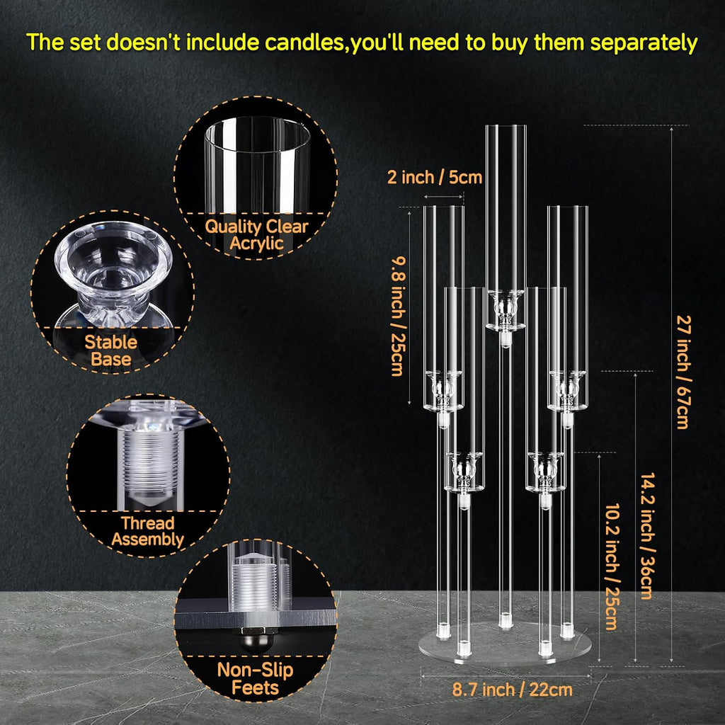 Clear 5 Arms Candlesticks Holder with Acrylic Shade,26'' Tall Acrylic Candelabra Centerpieces for Candlelight Dinner