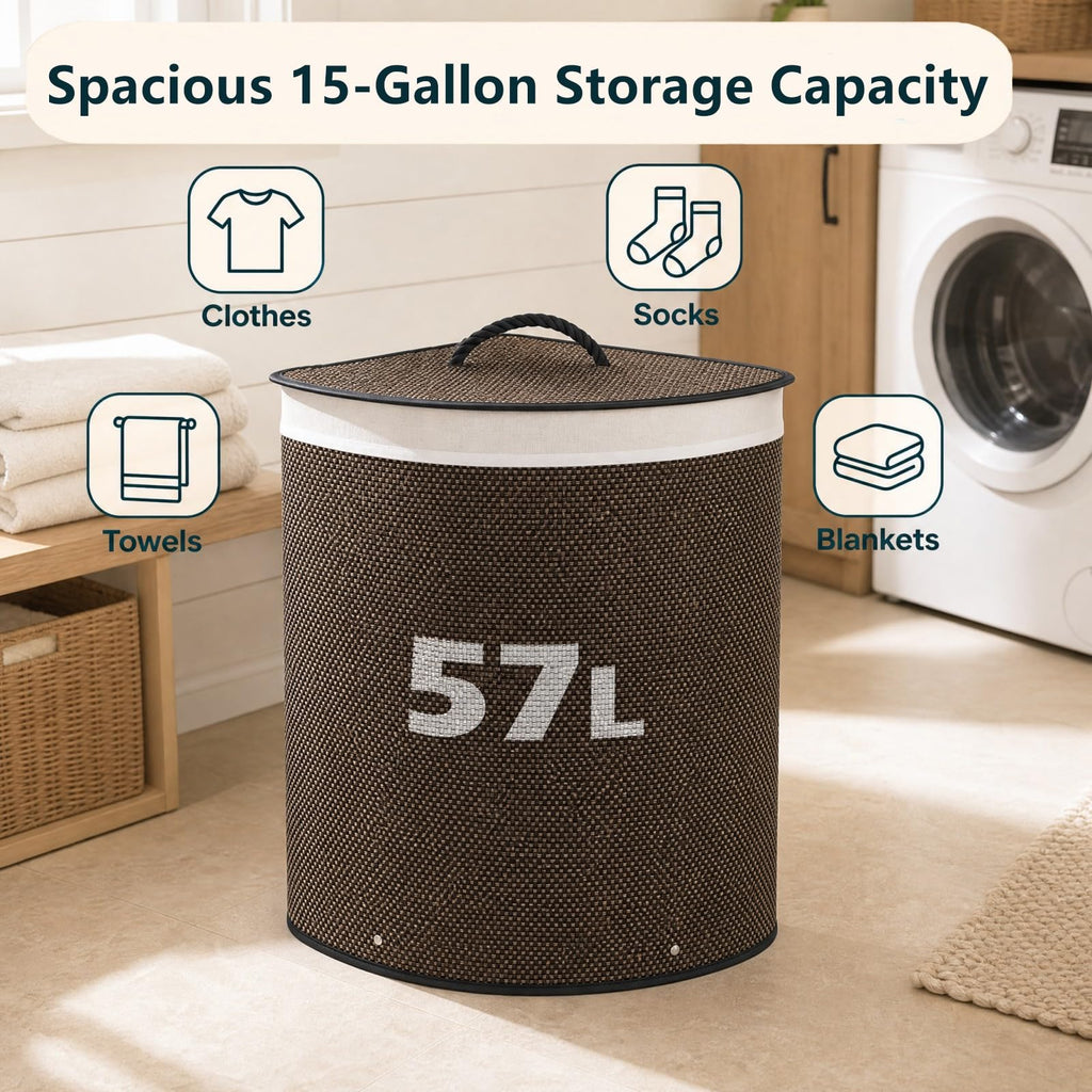 57 L Corner Bamboo Laundry Hamper with Lid, Removable Liner