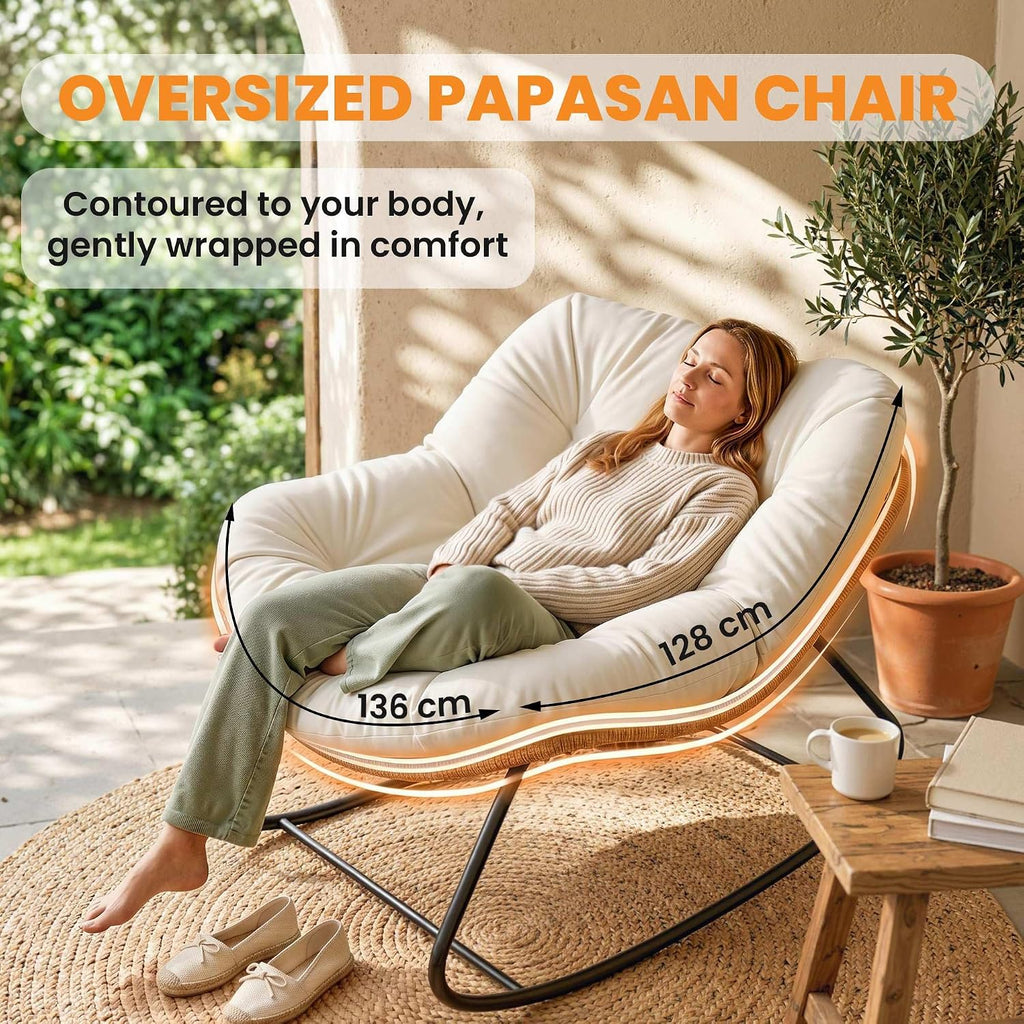 Papasan Rocking Chair Oversized Indoor Outdoor Cushion Beige | Wicker, PE Rattan, Outdoor Rocker Egg Chairs, Living
