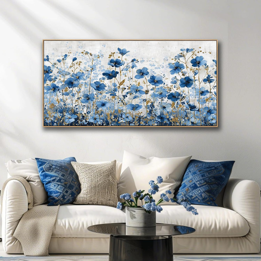 Floral Canvas Wall Art Blue & Gold Framed Flower Print Ready to Hang Modern Boho Decor Bedroom Dining Room