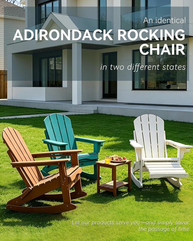 Adjustable Adirondack Rocking Chair with Retractable Ottoman, 4-in-1 Multifunctional Folding Patio Chair with Cup