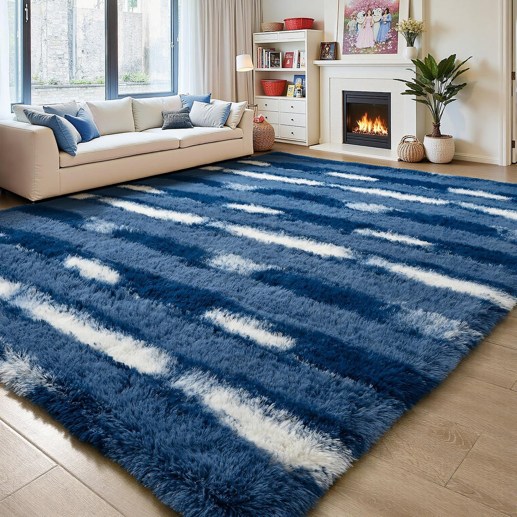 Fluffy Blue Area Rug Striped