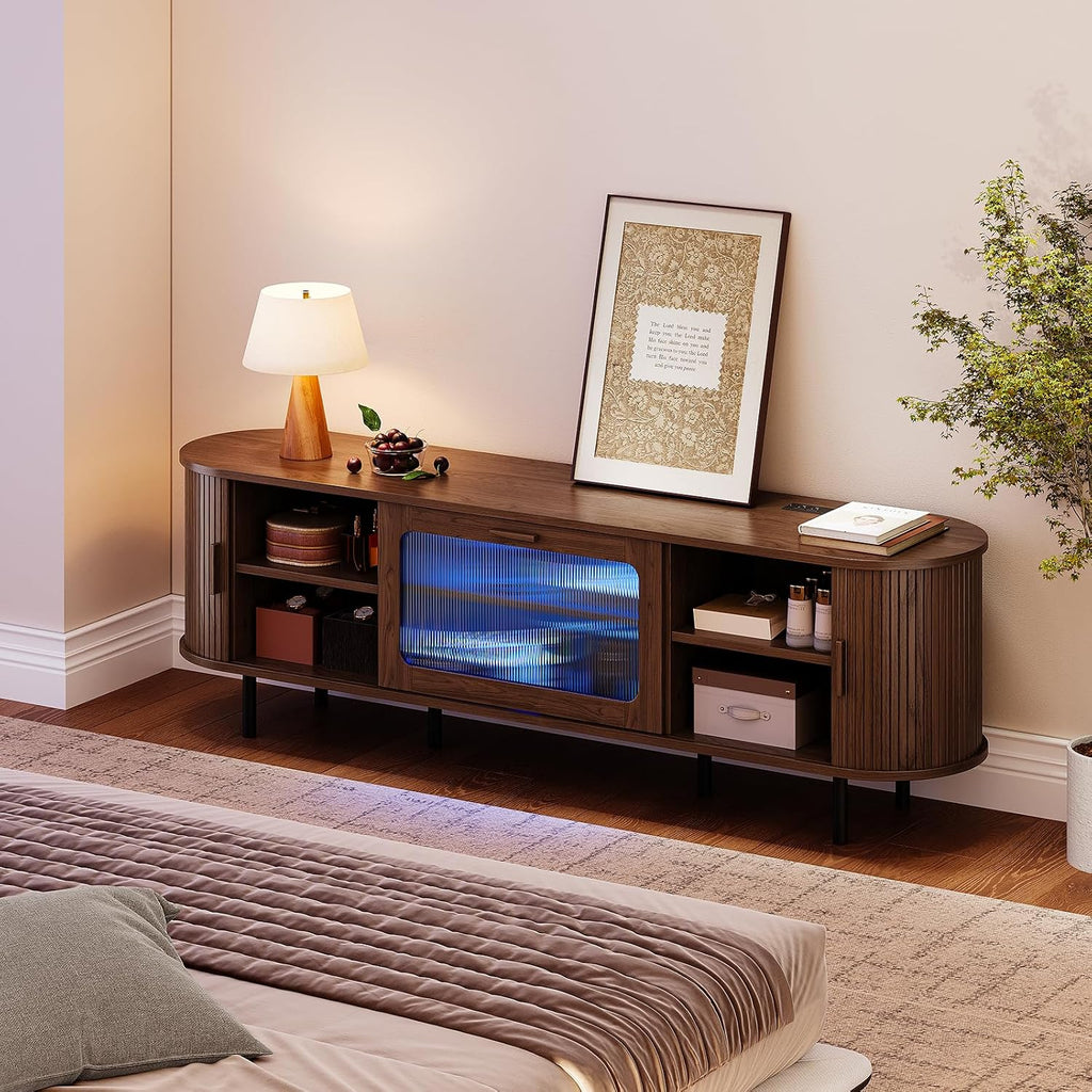 70" TV Stand with Led Lights & Power Outlet for Tvs 80", Entertainment Center with Sliding Door & Thicken Glass Door